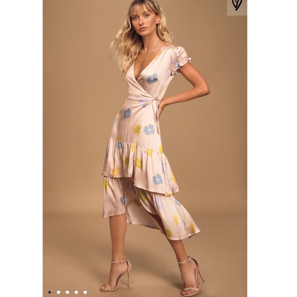 Capulet | Dresses | Kai Blush Floral Print Satin Ruffled Midi Wrap ...